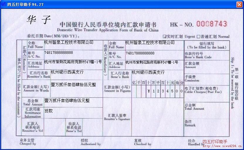 境内汇款申请书