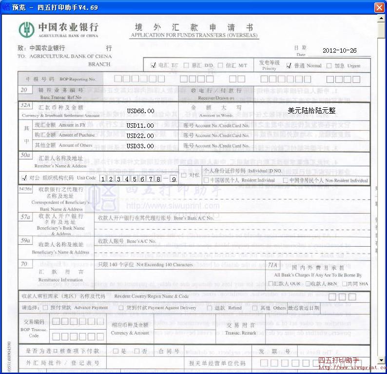 中国农业银行境外汇款申请书打印模板