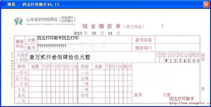 山东省农村信用社现金缴款单打印模板