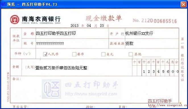 南海农商银行现金缴款单打印模板