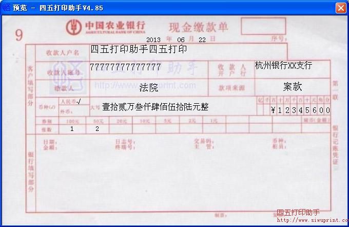 中国农业银行现金缴款单