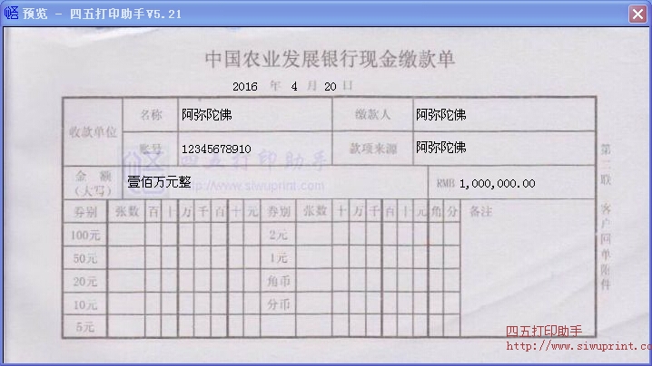 中国农业发展银行现金缴款单