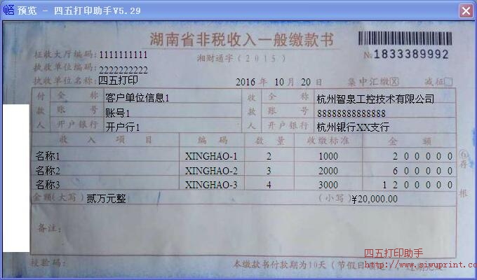 湖南省非税收入一般缴款书